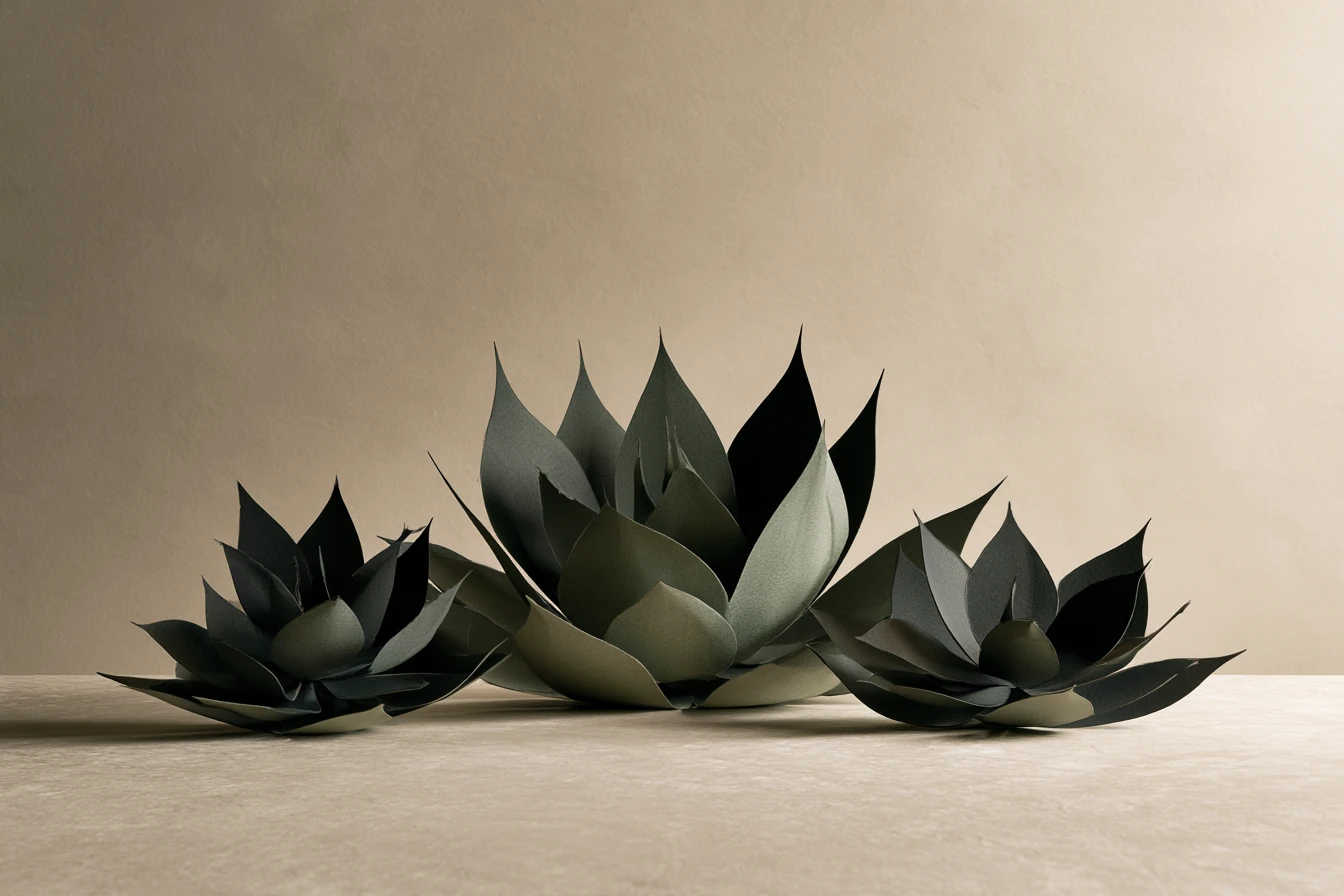 Ilustración conceptual de tres formas de agave en tonos verdes y arena.