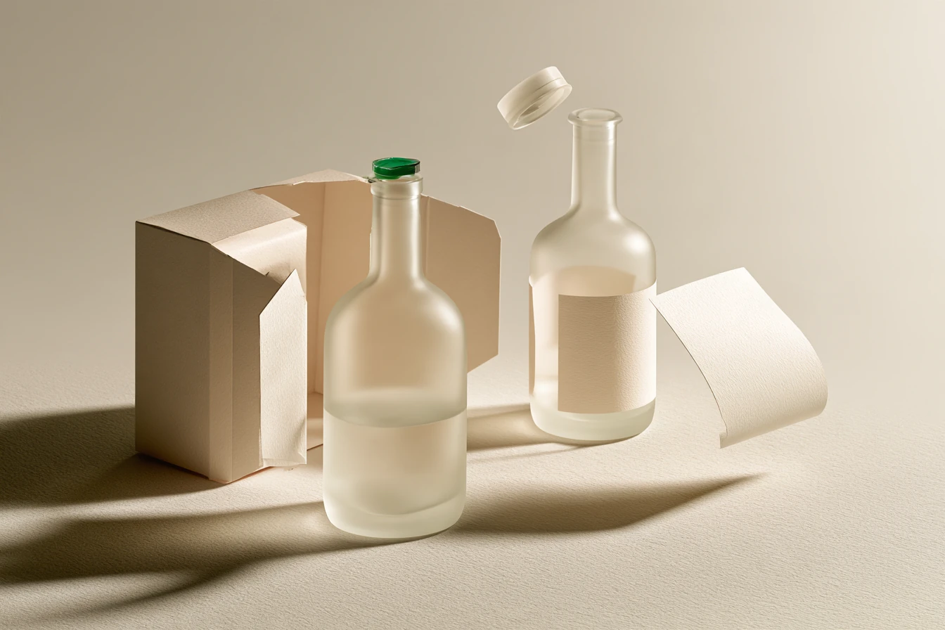 Ilustración conceptual de dos botellas, cierres, etiquetas en blanco y una caja de cartón.