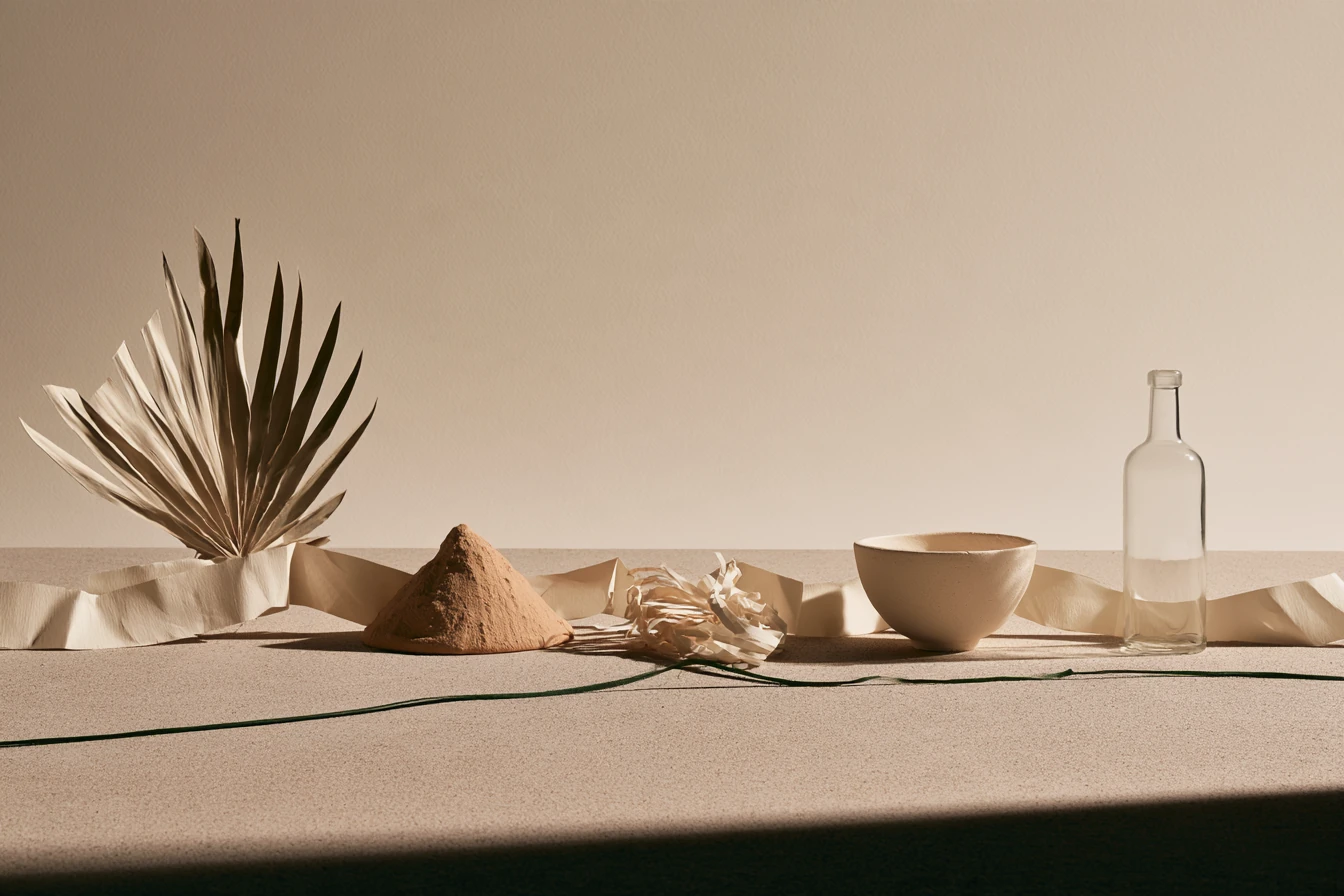 Ilustración conceptual de un recorrido del agave a una botella, representado con objetos abstractos.