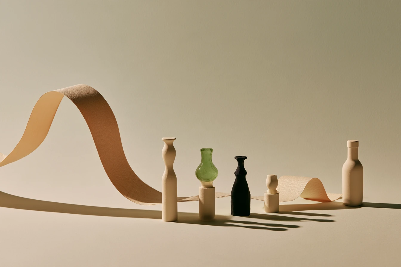 Ilustración conceptual de una cinta ondulada y cinco figuras escultóricas en tonos marfil, verde y negro.