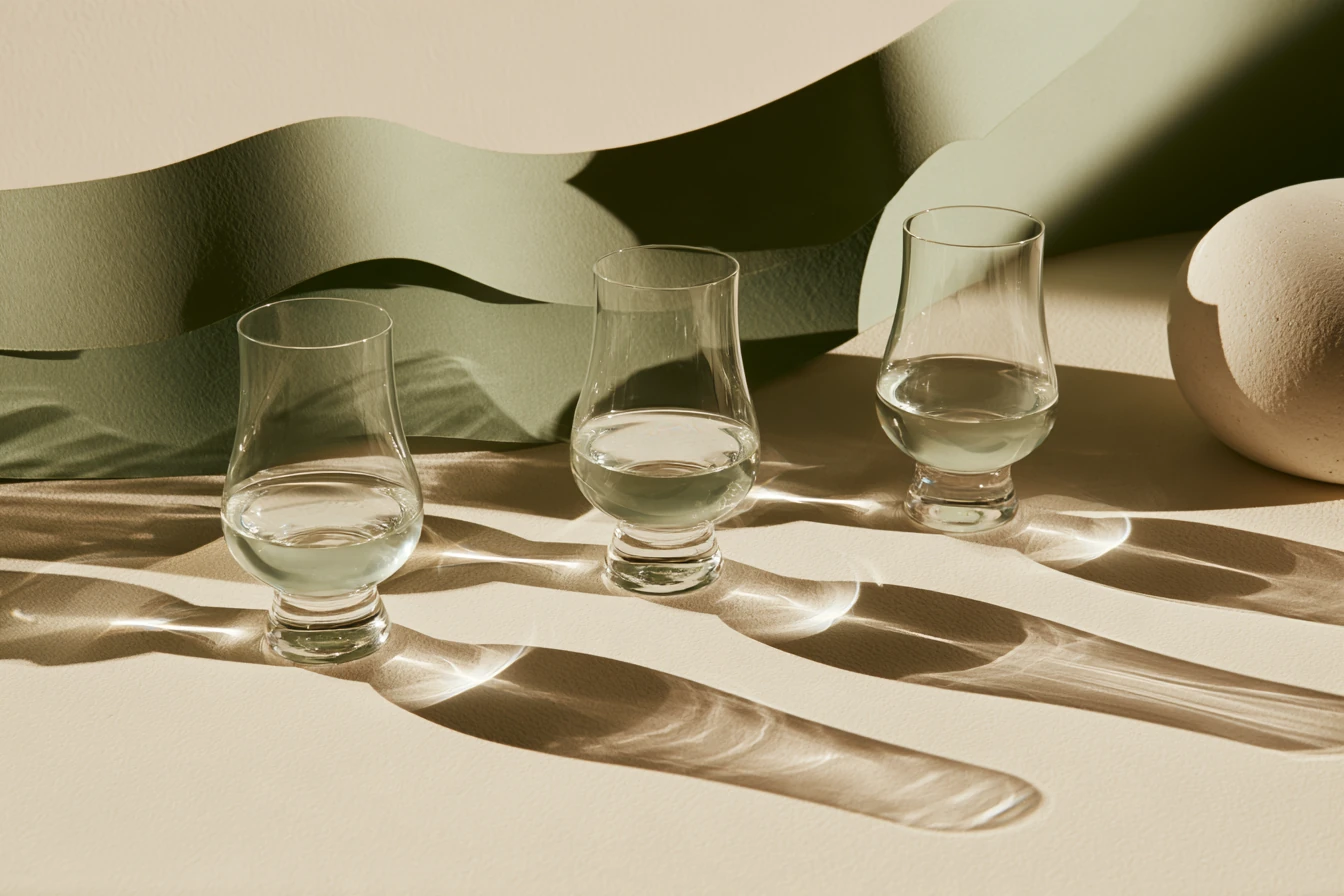Ilustración conceptual de tres copas y formas onduladas que representan una comparación sensorial de muestras.